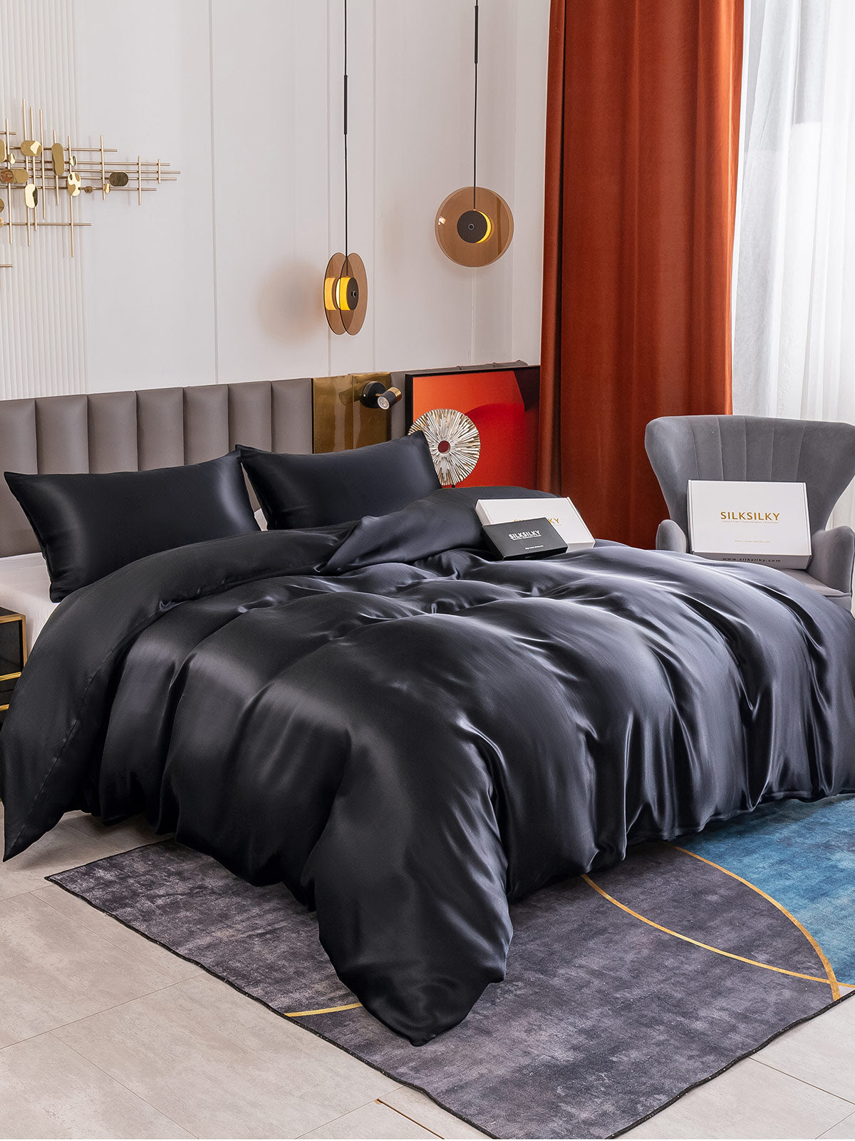 [Negro] SilkSilky-ES 19Momme Seda Pura Bedding Set 001