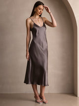 [Caqui Oscuro] SilkSilky-ES Spaghetti Strap V Neck Vestido 007