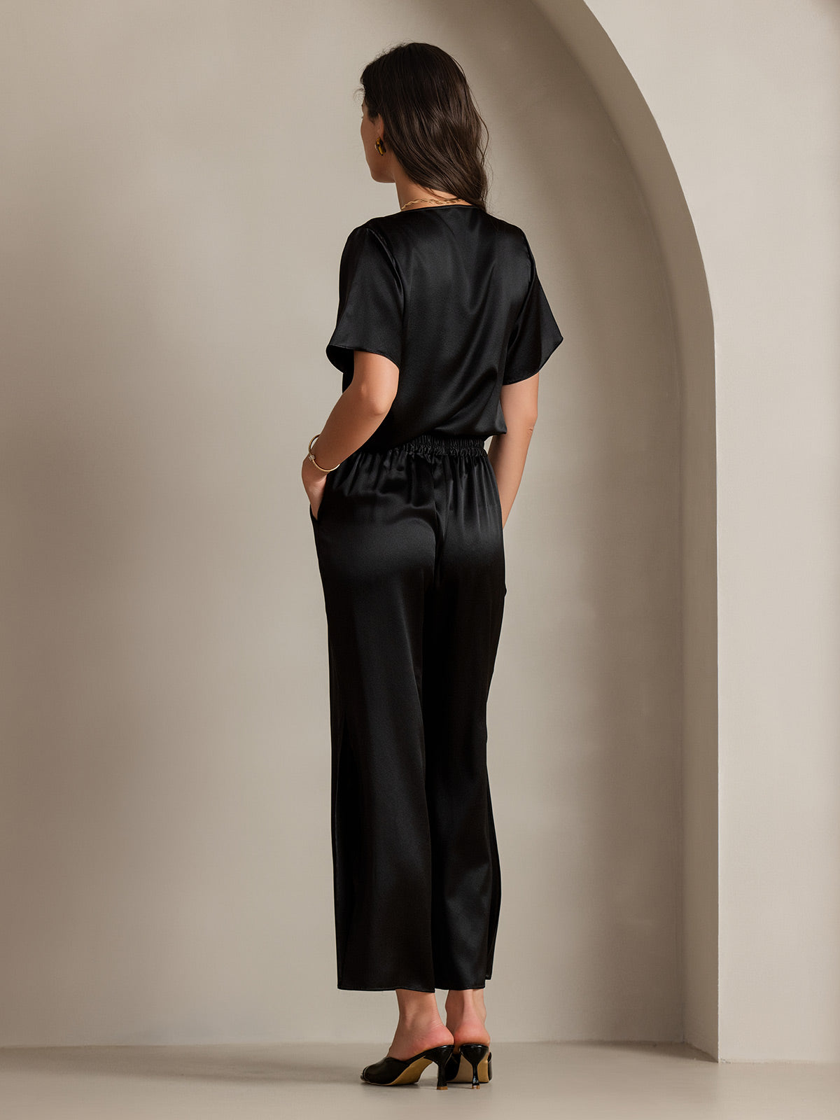 [Negro] SilkSilky-ES 19Momme Seda Manga corta Blouse 002