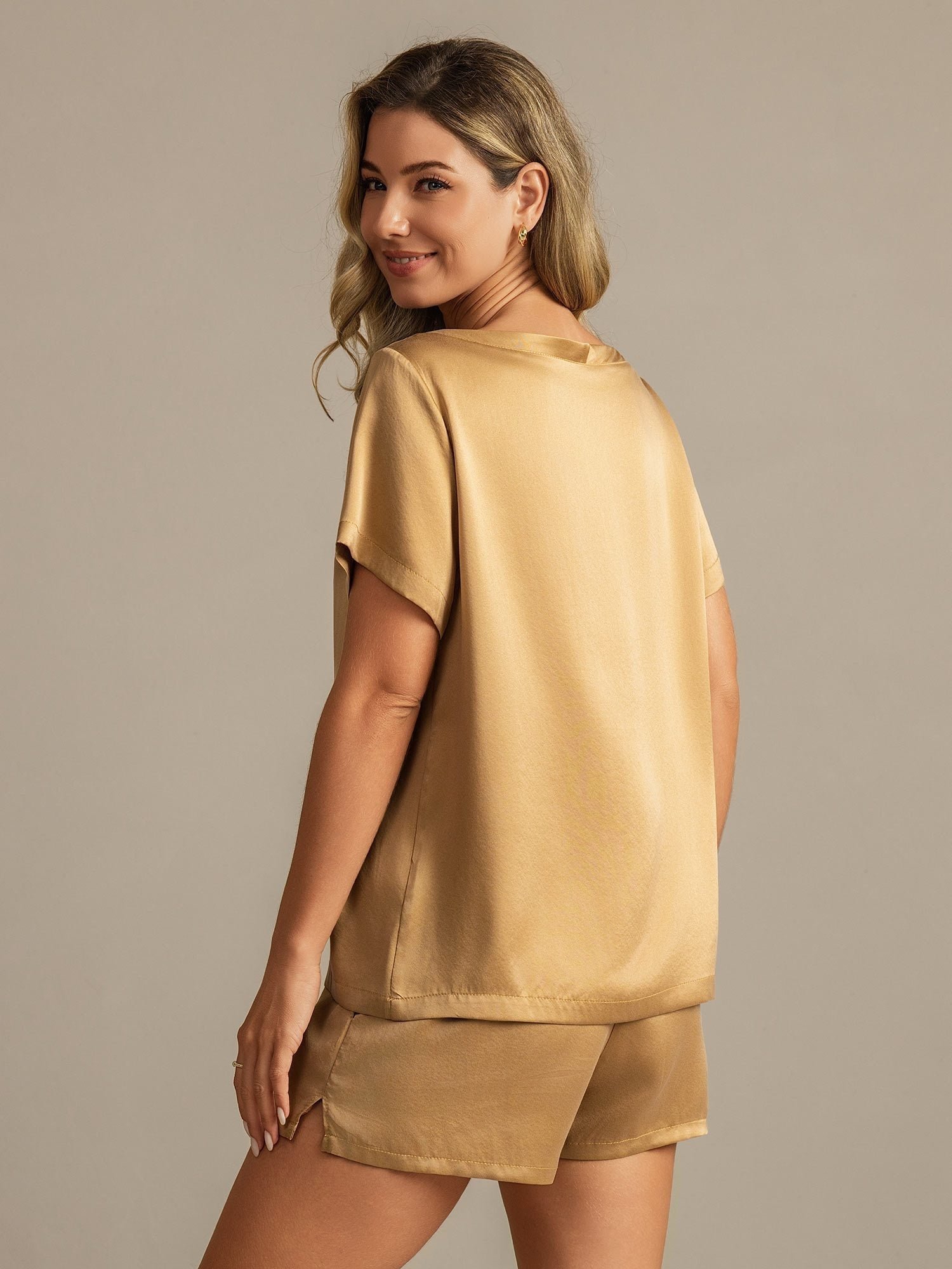 [Marrón Claro] SilkSilky-ES 19Momme Seda Womens Pajamas 002,