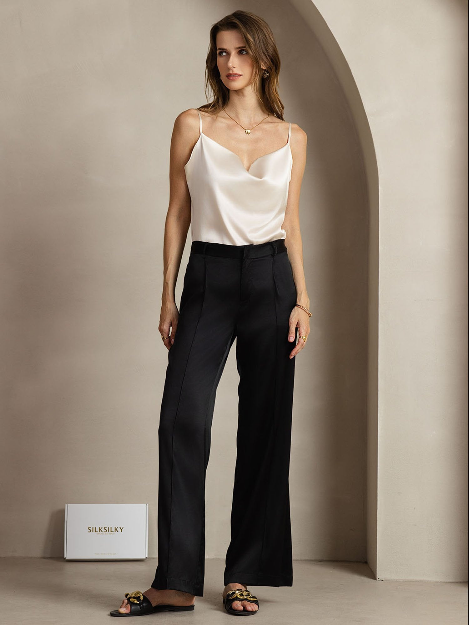 [Negro] SilkSilky-ES 19Momme Seda Womens Pants 003
