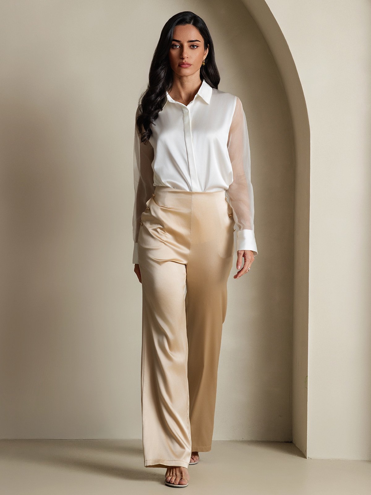 [Blanco] SilkSilky-ES 19Momme Seda Lapel Collar Blusas de Mujer 006