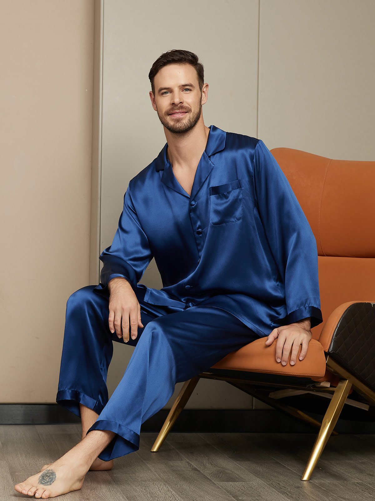 [Azul Oscuro] SilkSilky-ES Seda Pura Mens Pajamas 003