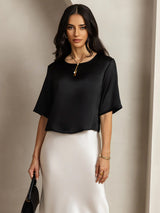 [Negro] SilkSilky-ES A metà Escote Cuchara Camisetas de Mujer 001