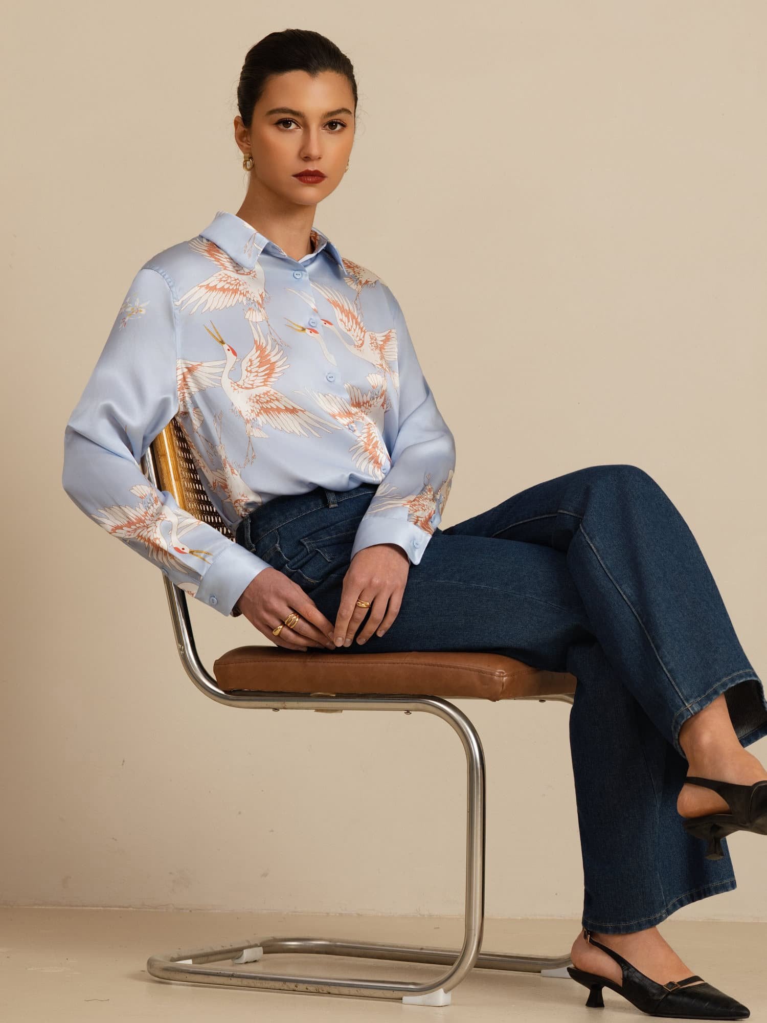 [Azul Claro] SilkSilky-ES 19Momme Manga larga Cuello con Solapa Blusas de Mujer 005