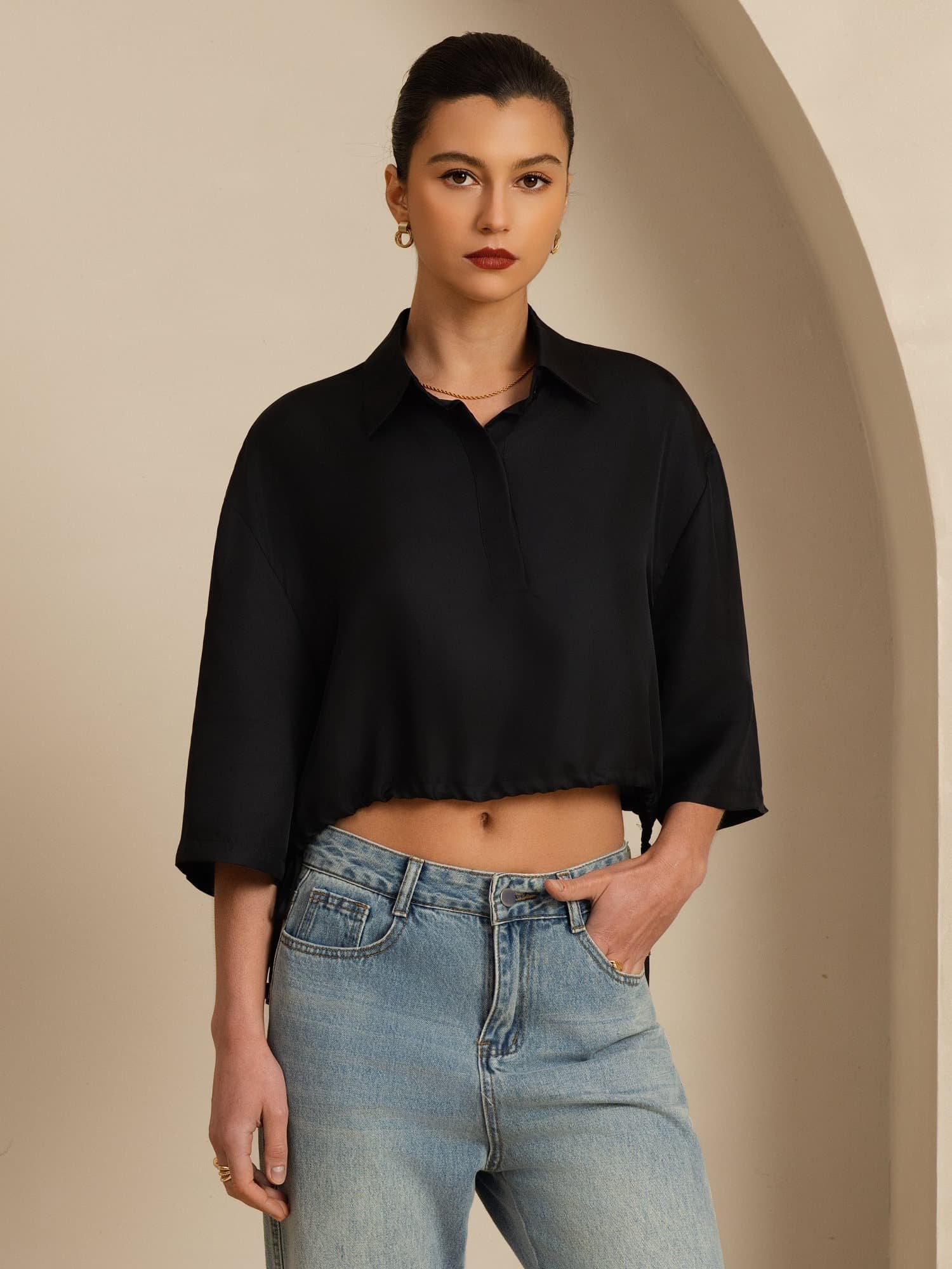 [Negro] SilkSilky-ES 18Momme A metà Cuello con Solapa Blusa 004