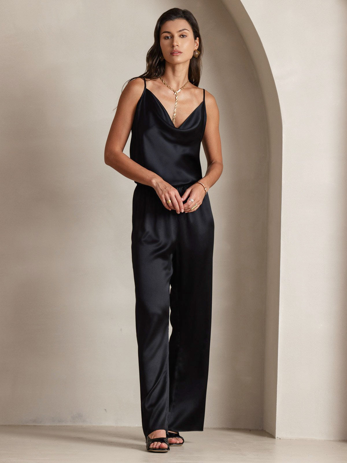 [Negro] SilkSilky-ES 19Momme Seda Escote Caído Top de tirantes 008
