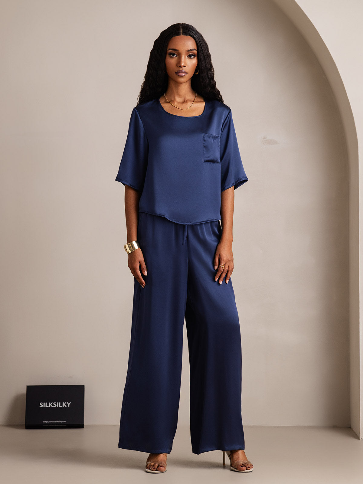 [Azul Oscuro] SilkSilky-ES Seda Pura Womens Pajamas 005