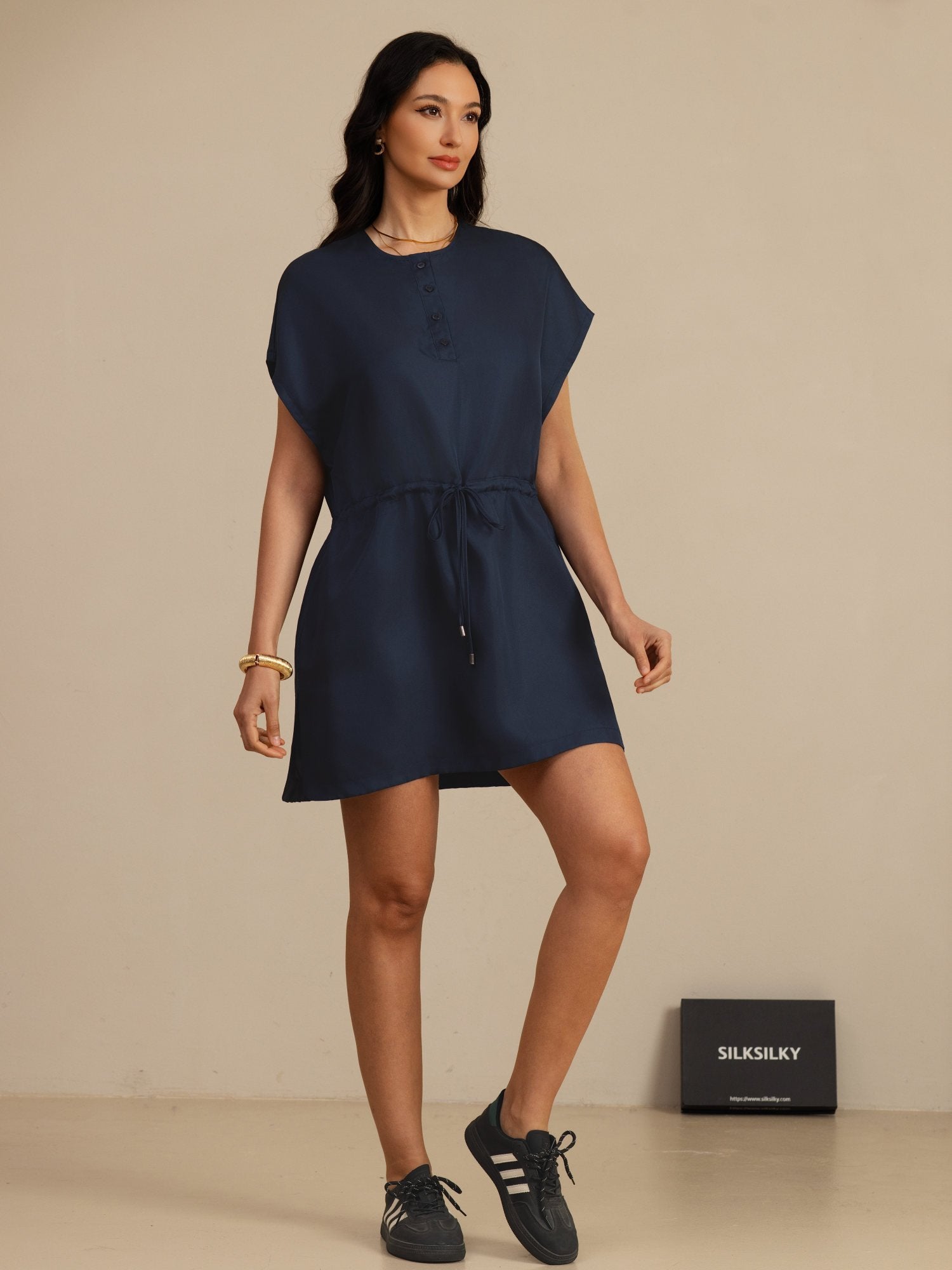 [Azul Oscuro] SilkSilky-ES 18Momme Manga Casquillo Cuello Henley Vestido 007