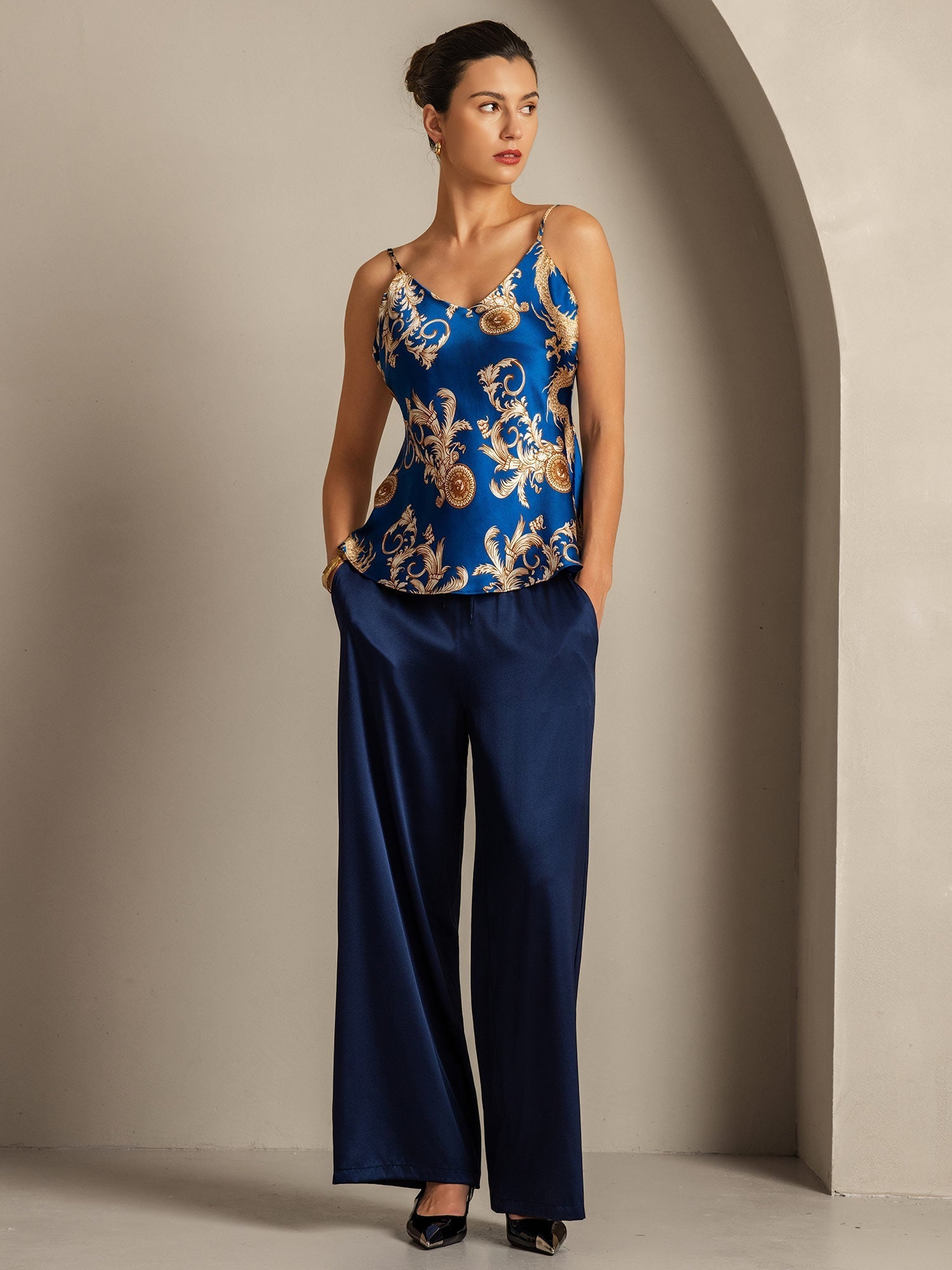 [Dragón Navy] SilkSilky-ES Seda Pura Cuello en V Top de tirantes 008,