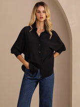 [Negro] SilkSilky-ES Long Sleeve Lapel Collar Blusas de Mujer 001