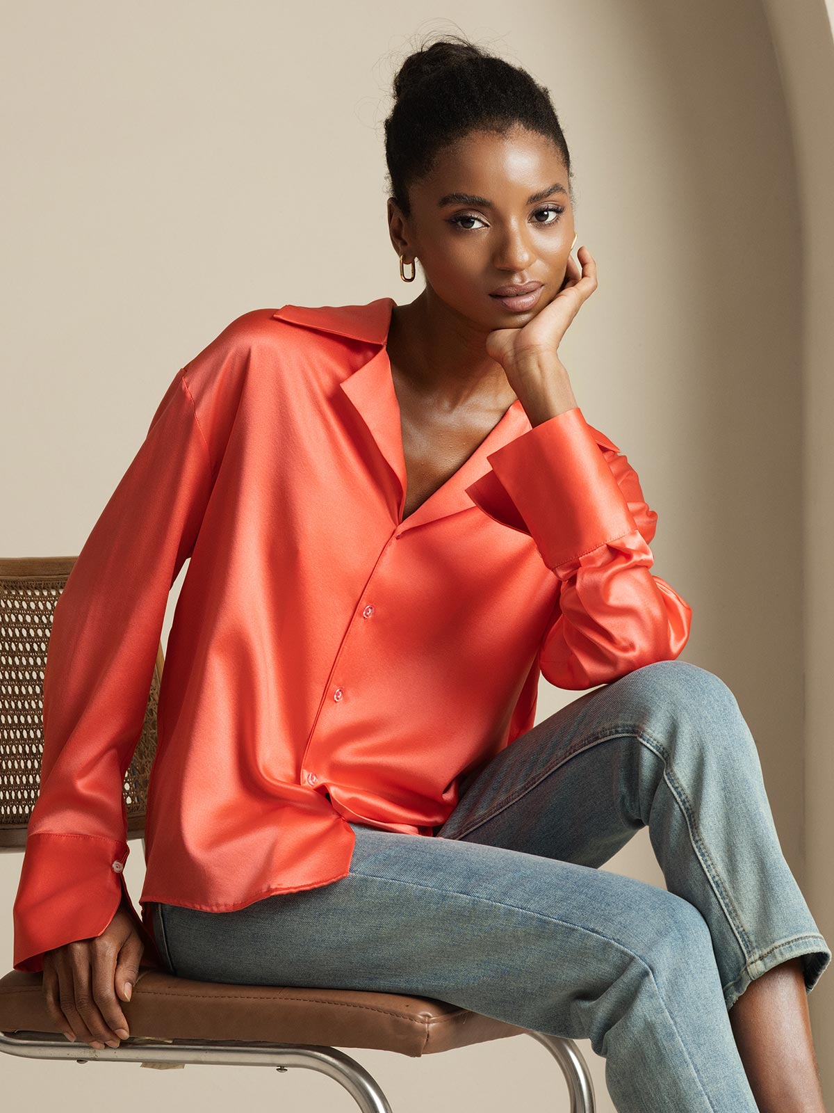[Rojo Imperial] SilkSilky-ES 19Momme Seda Womens Shirt 001
