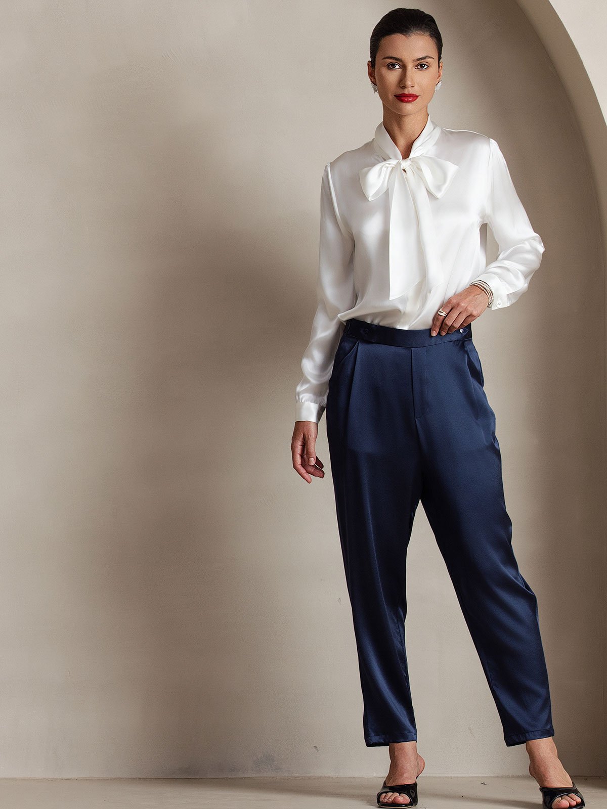 [Blanco] SilkSilky-ES 19Momme Seda Manga larga Corbata Blusas de Mujer 008