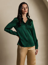 [Verde Oscuro] SilkSilky-ES Long Sleeve Lapel Collar Blusas de Mujer 001