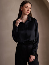 [Negro] SilkSilky-ES 19Momme Manga larga Cuello con Solapa Blusas de Mujer 001