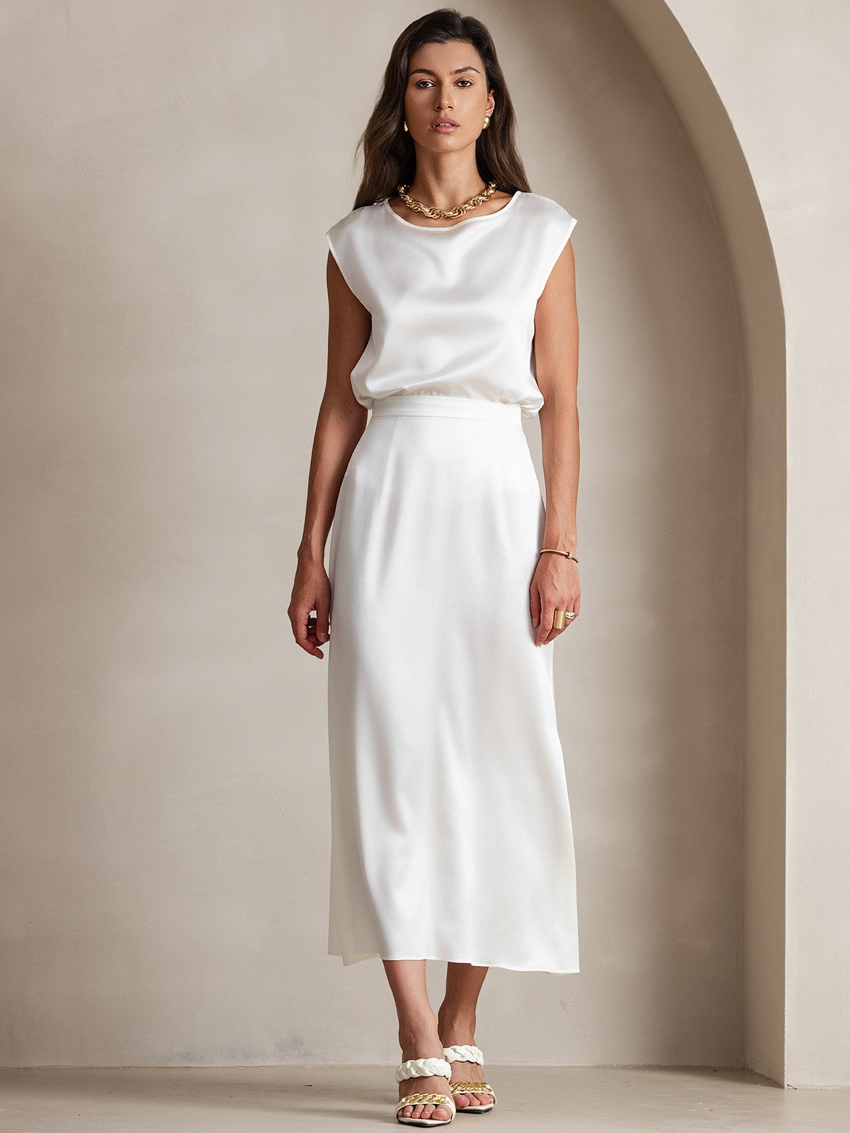 [Blanco] SilkSilky-ES 19Momme Falda 005