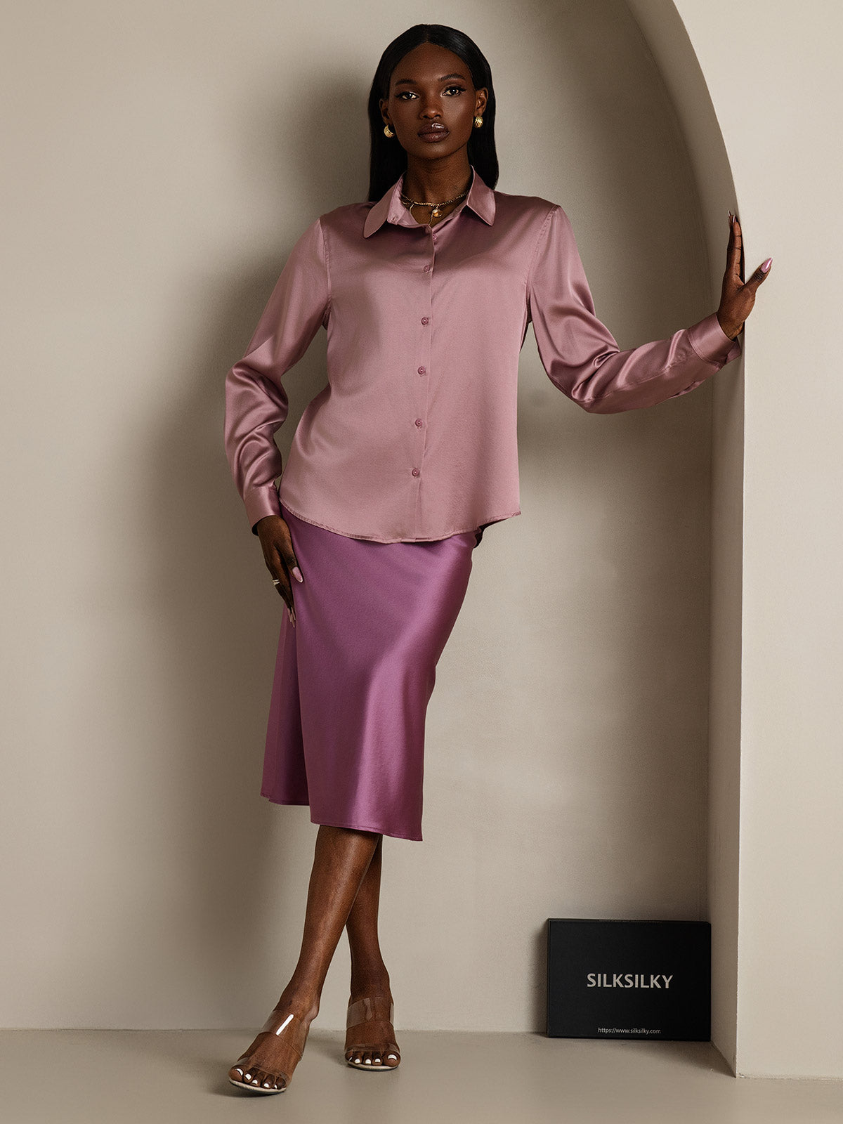 [Malva Pálido] SilkSilky-ES Seda Lapel Collar Blusas de Mujer 007