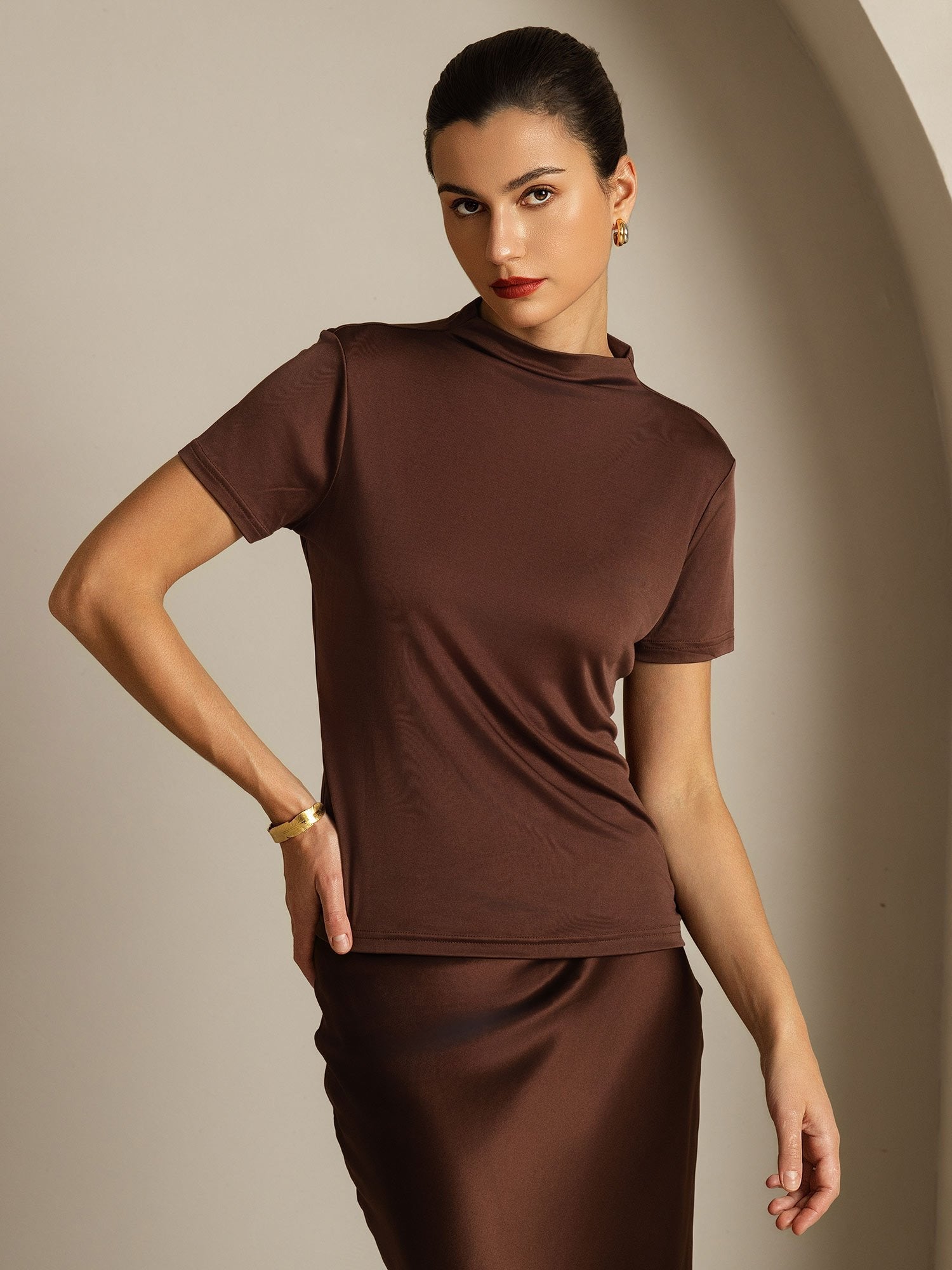 [Café] SilkSilky-ES Manga corta Cuello Simulacro Camisetas de Mujer 001