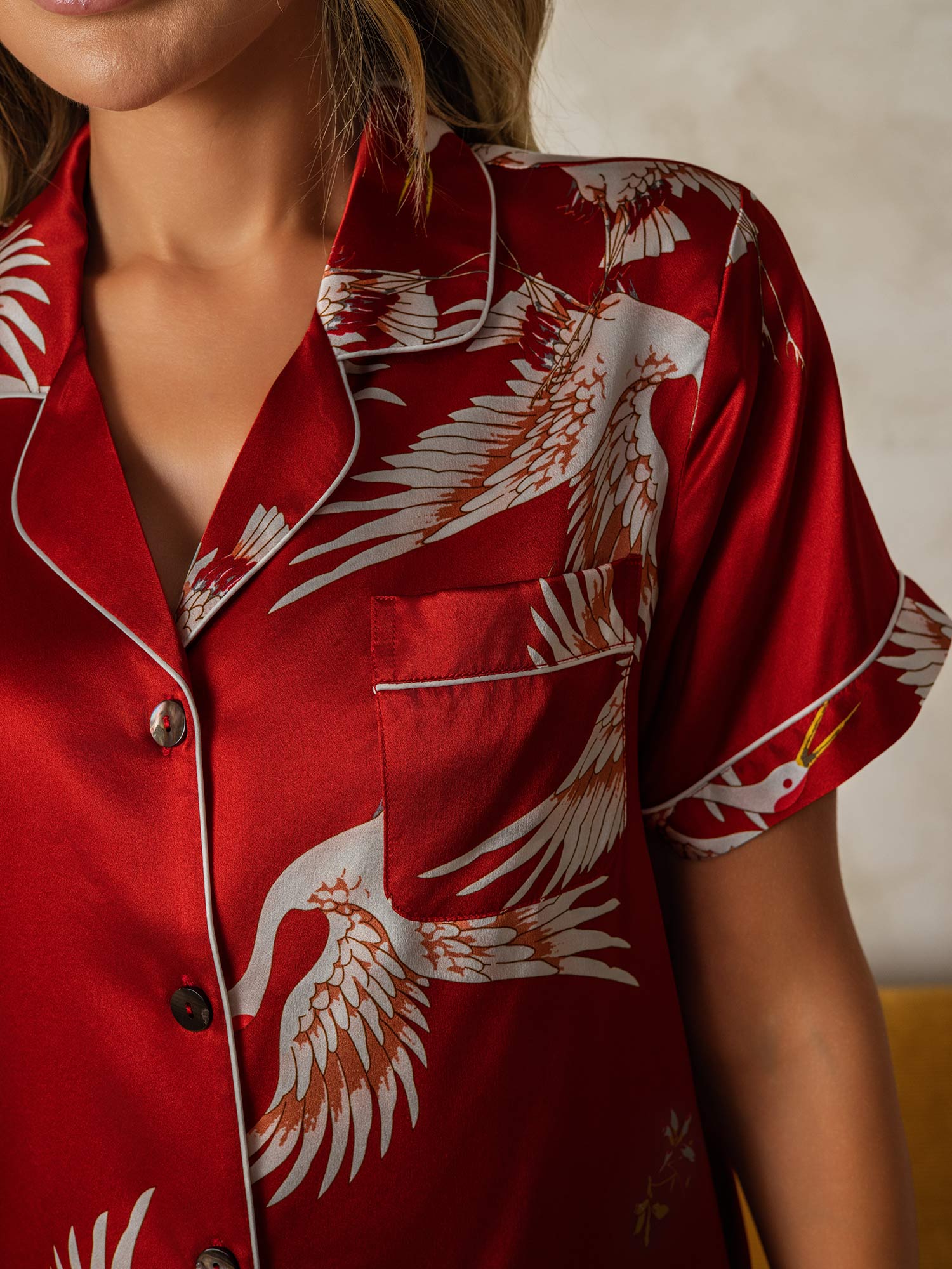 [Rojo Oscuro] SilkSilky-ES 19Momme Seda Pura Manga corta Womens Pajamas 004