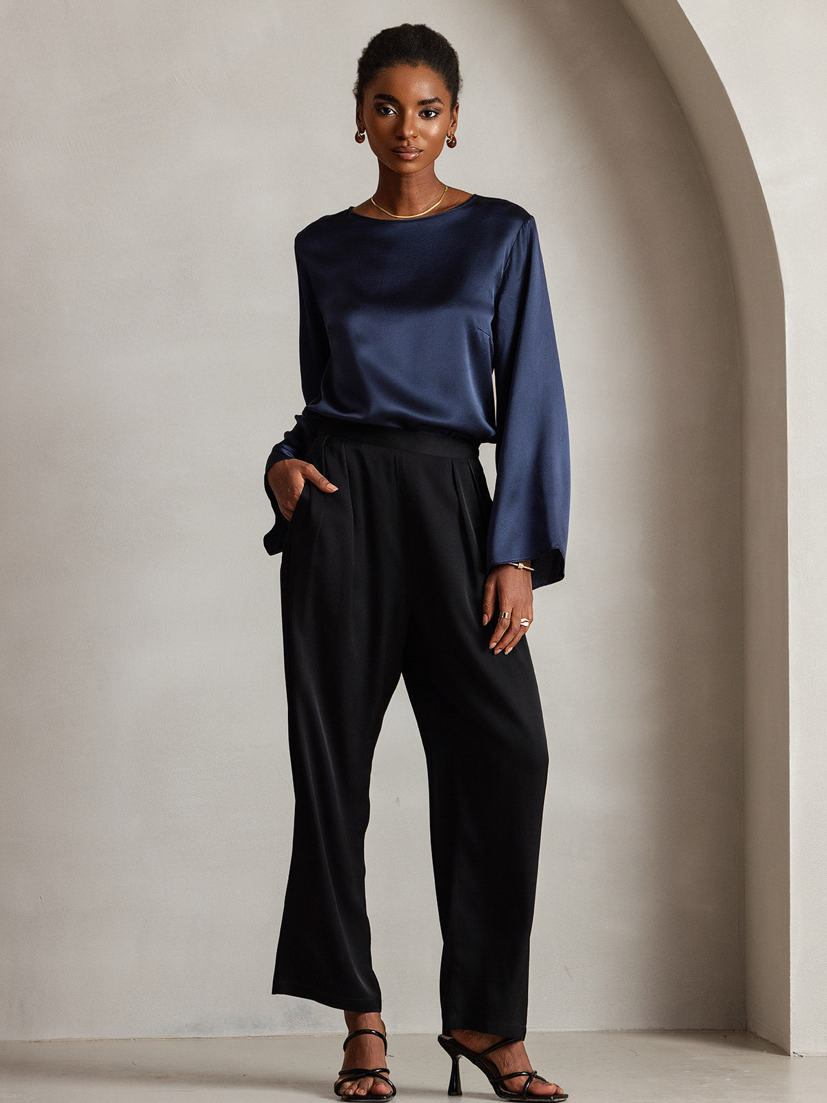 [Azul Oscuro] SilkSilky-ES 19Momme Seda Manga larga Blouse 007