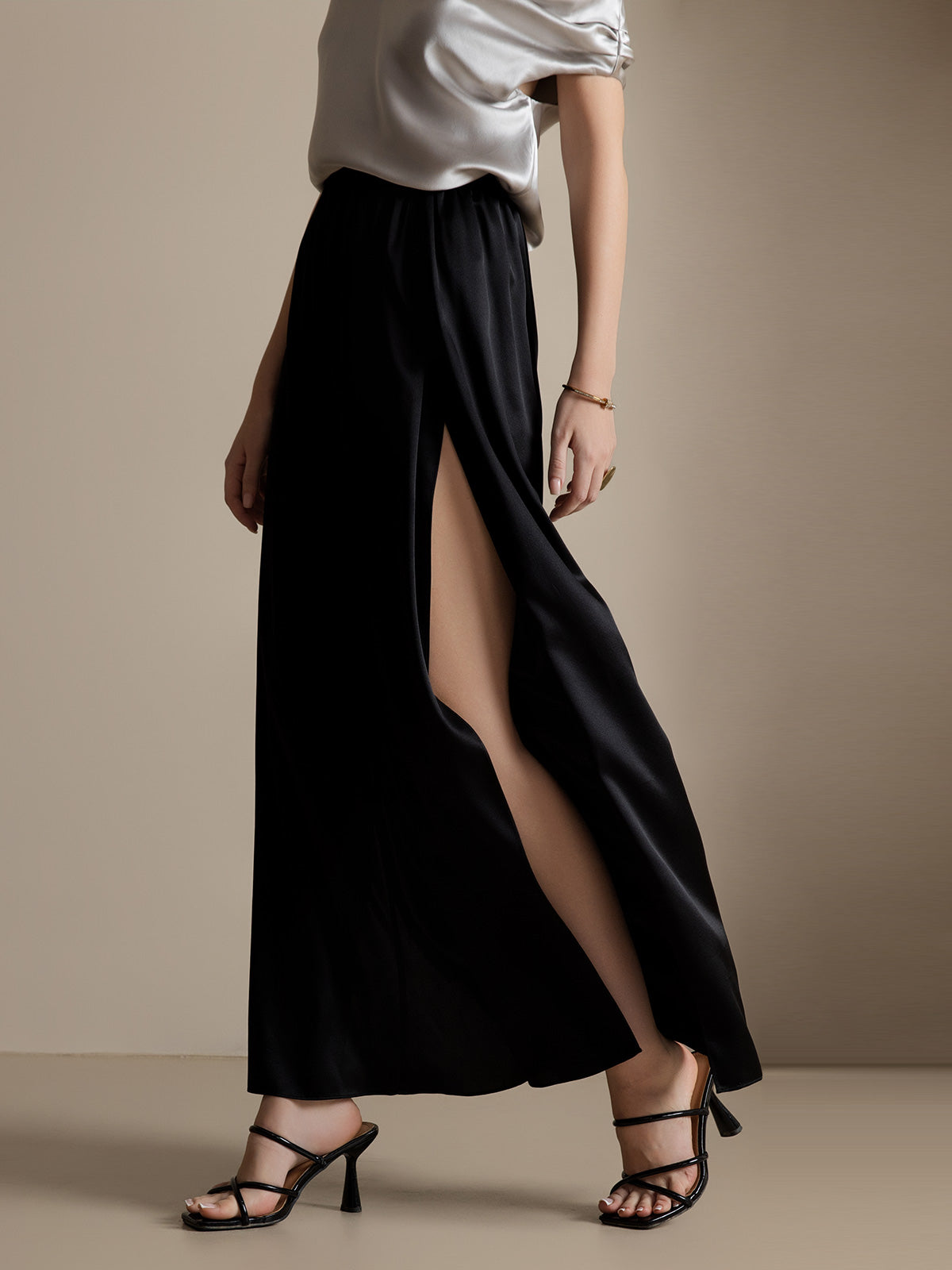 [Negro] SilkSilky-ES 19Momme Seda Split Pantalones de mujer 003