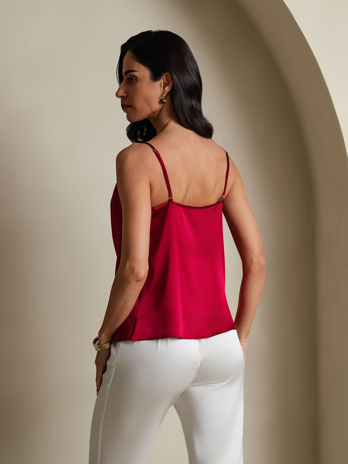 [Vino] SilkSilky-ES 19Momme Spalline Sottili Cuello Drapeado Top de tirantes 002