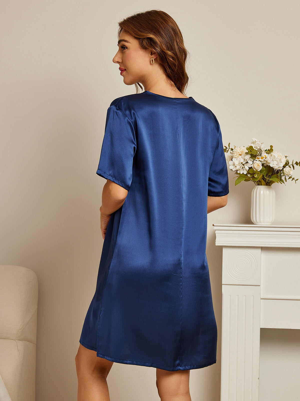 [Azul Oscuro] SilkSilky-ES Seda Pura Manga corta Cuello en V Camisón 002
