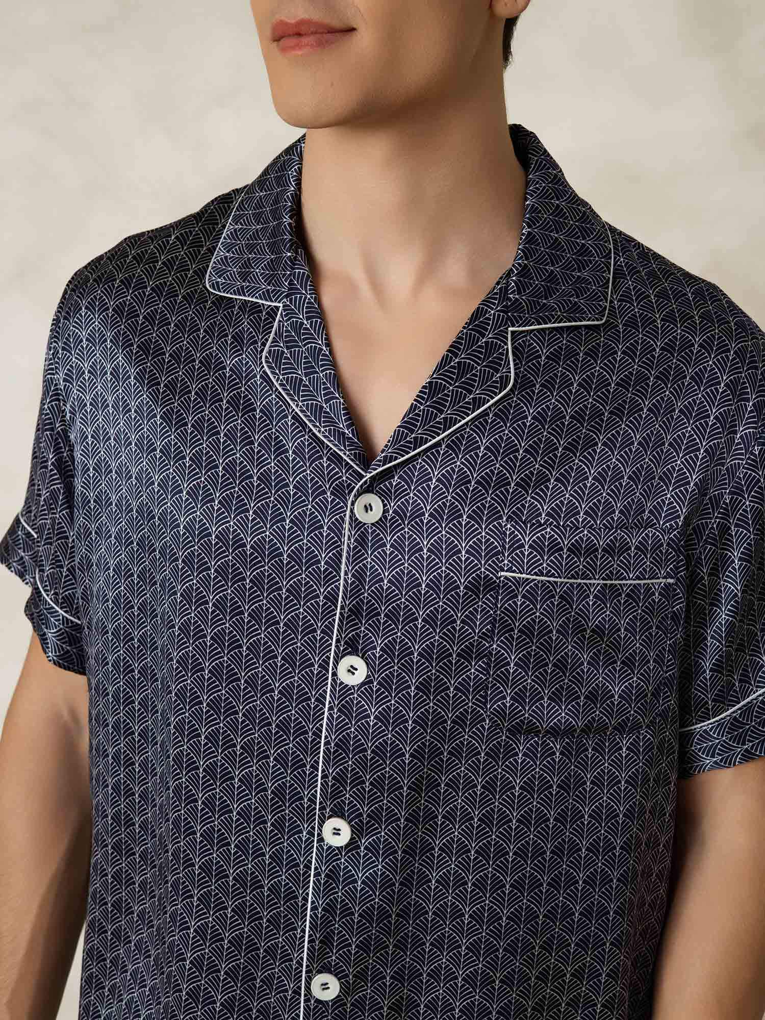 [GinkgoAzulMarino] SilkSilky-ES Seda Pura Lapel Collar Pijamas de hombre 007