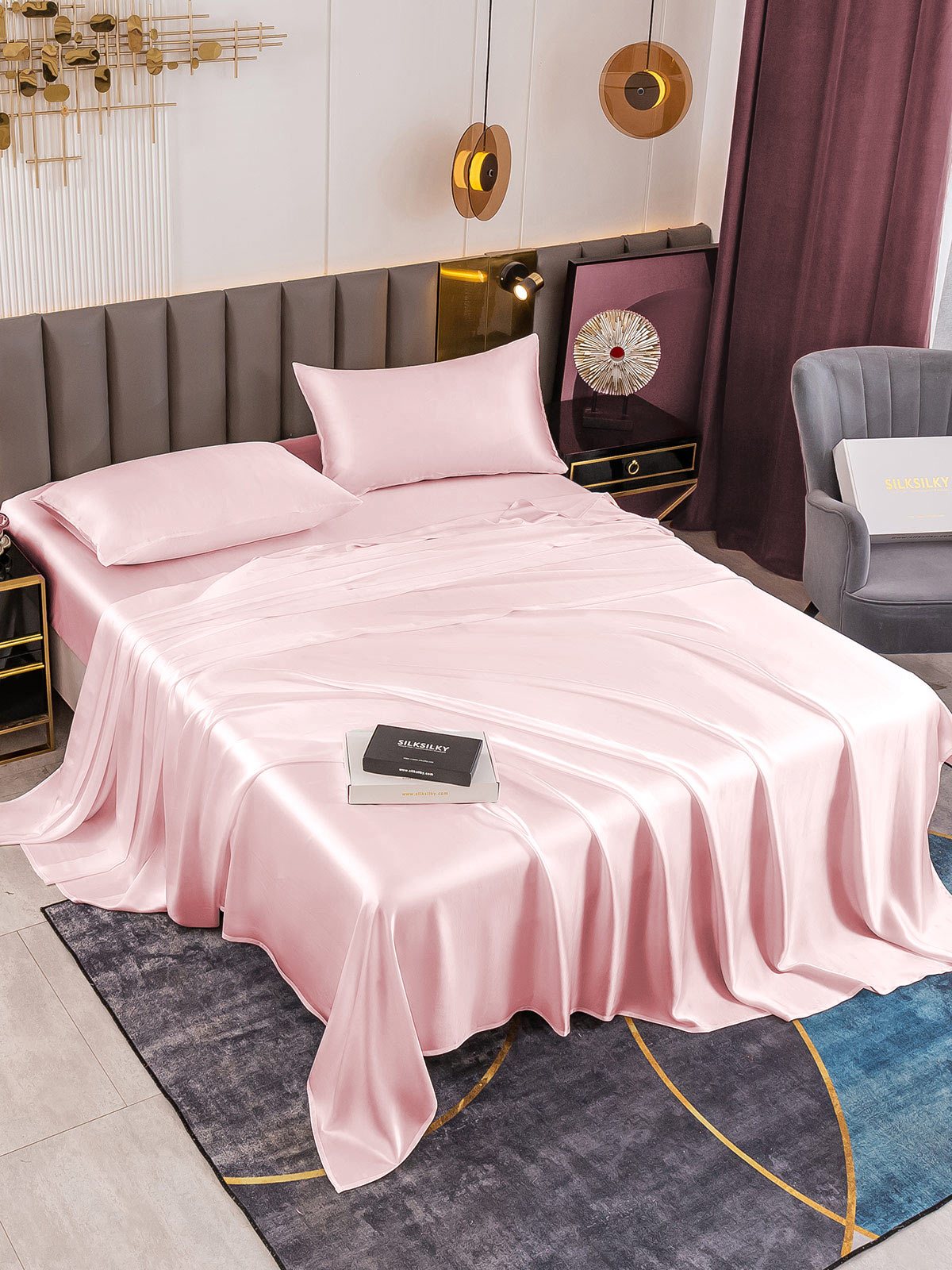 SilkSilky ES 19Momme Seda Pura Bedding Set Rosa 001