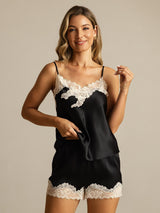 [Negro] SilkSilky-ES Spaghetti Strap V Neck Conjunto de tirantes 003