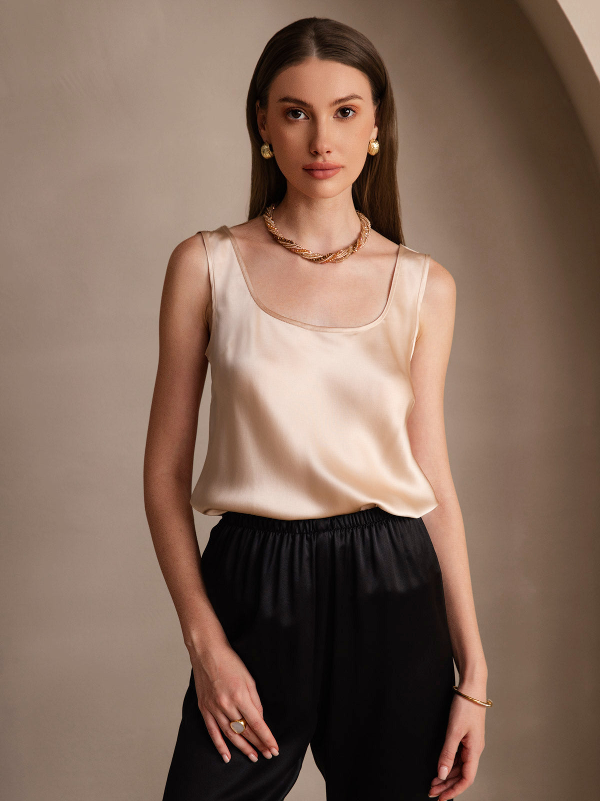 [Champán] SilkSilky-ES 19Momme Seda Cuello en U Top de tirantes 001