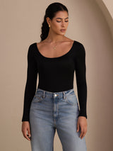 [Negro] SilkSilky-ES Long Sleeve Cuello en U Camisetas de Mujer 003
