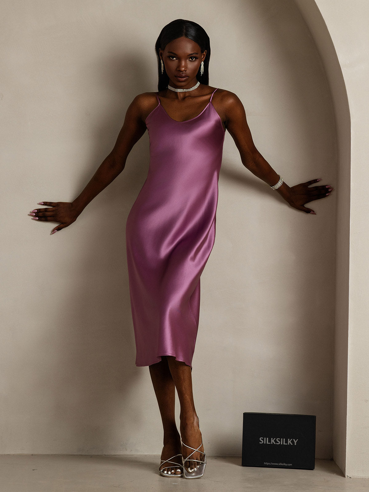 [Morado Oscuro] SilkSilky-ES Seda Pura Dress 005,