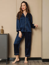 [Azul Oscuro] SilkSilky-ES Long Sleeve Lapel Collar Pijamas de mujer 005