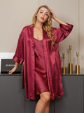 SilkSilky ES Seda Pura Manga francesa Nightgown&Robe Set Vino 004