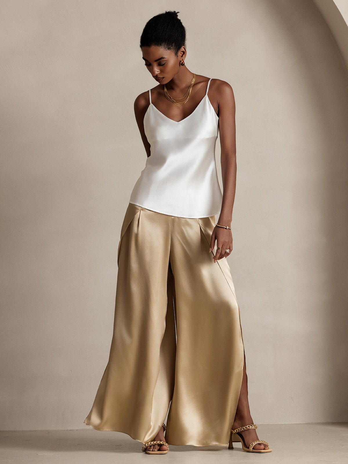 [Champán] SilkSilky-ES 19Momme Seda Split Pantalones de mujer 005