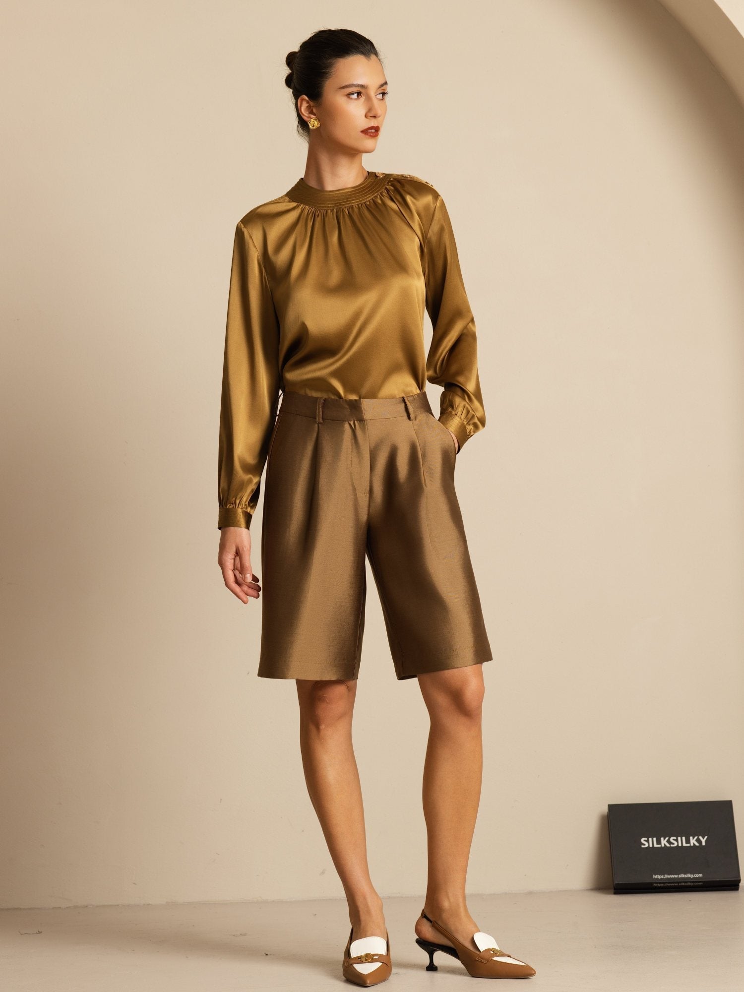 [Bronce] SilkSilky-ES 19Momme Seda Manga larga Cuello Redondo Blusa 007