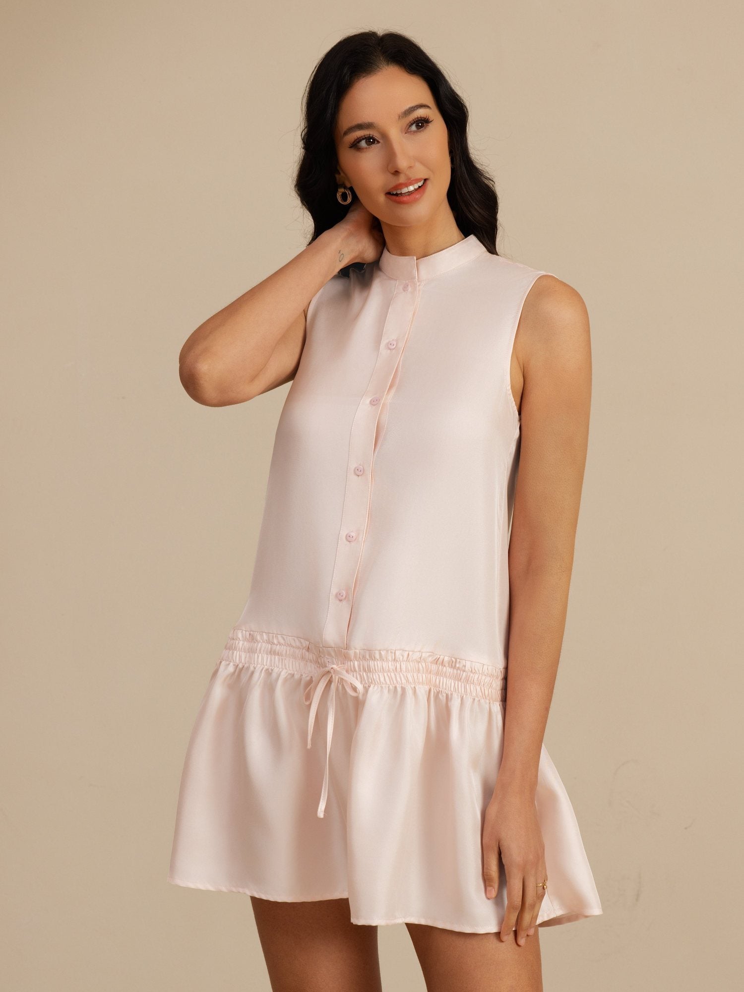 [Rosa] SilkSilky-ES 18Momme Sin mangas Cuello Alto Vestido 003