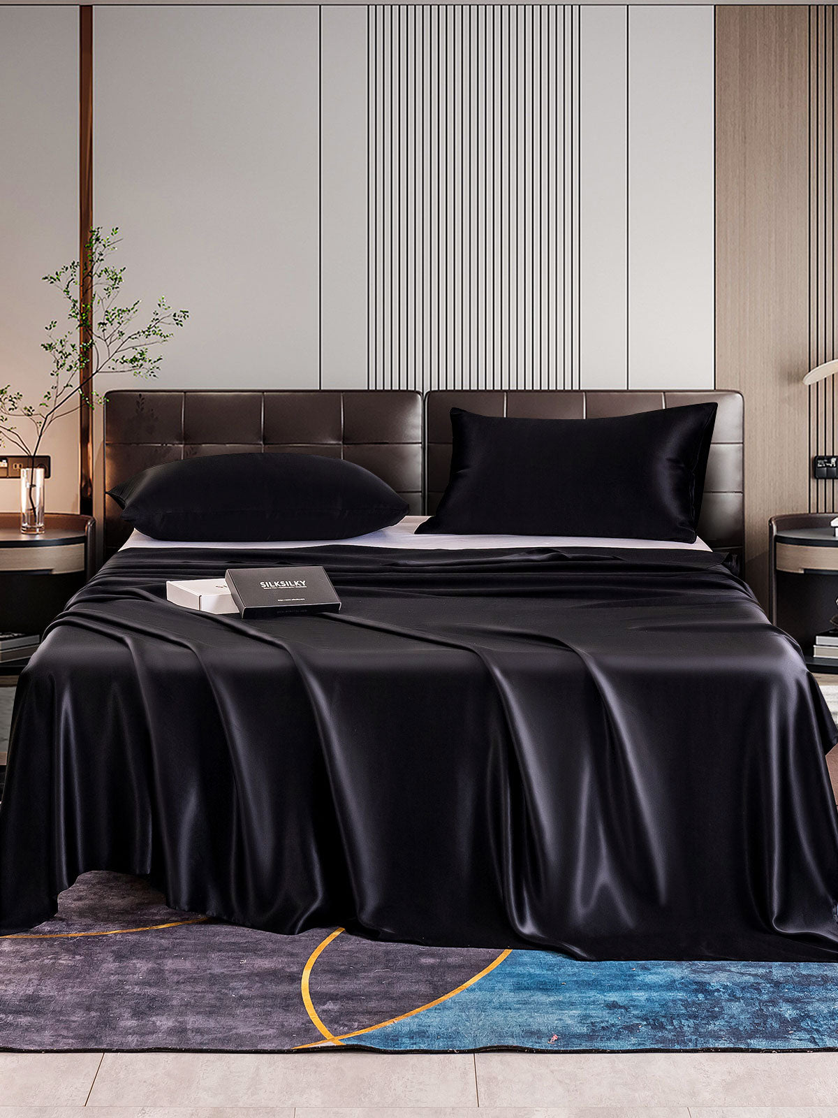 [Negro] SilkSilky-ES 22Momme Seda Pura Bedding Set 001