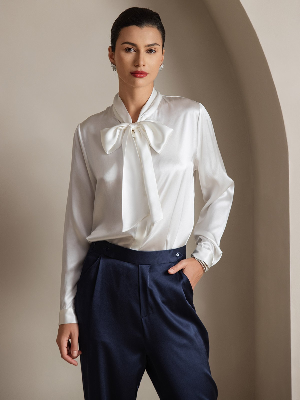 [Blanco] SilkSilky-ES 19Momme Seda Manga larga Corbata Blusas de Mujer 003