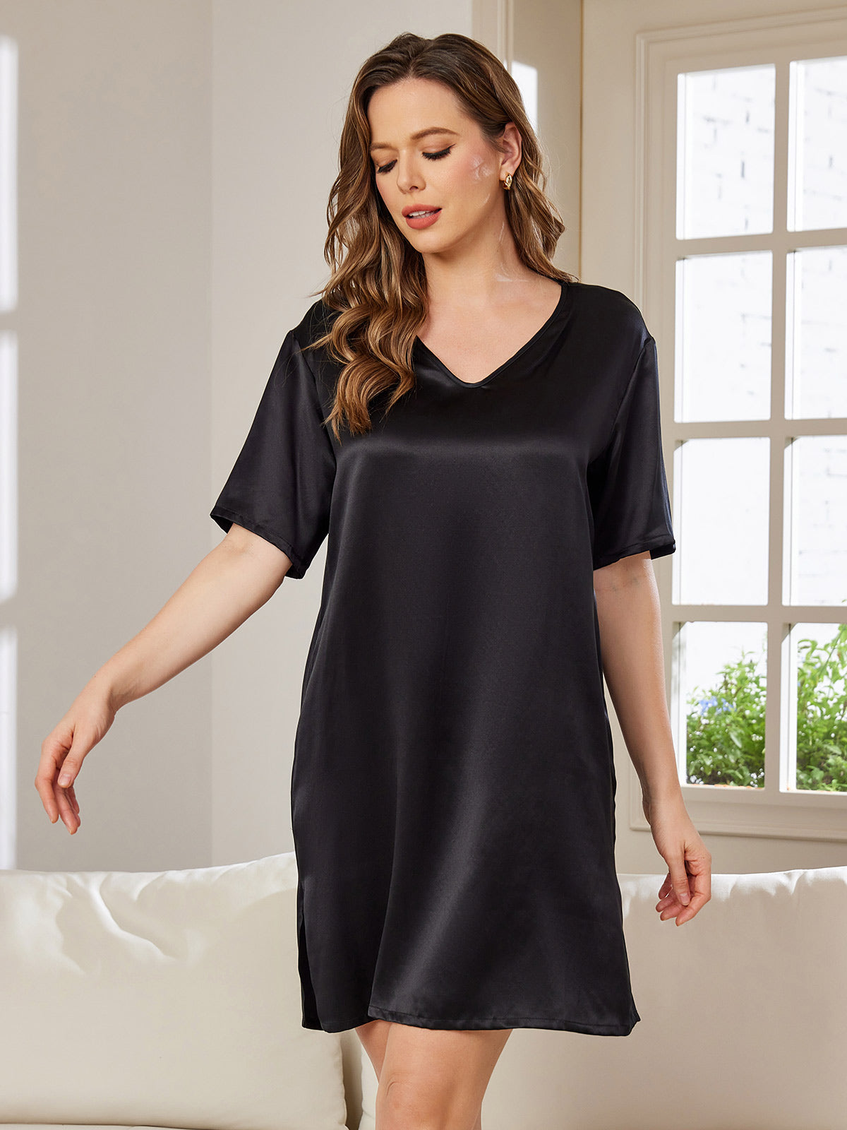 [Negro] SilkSilky-ES Seda Pura Manga corta Cuello en V Camisón 003