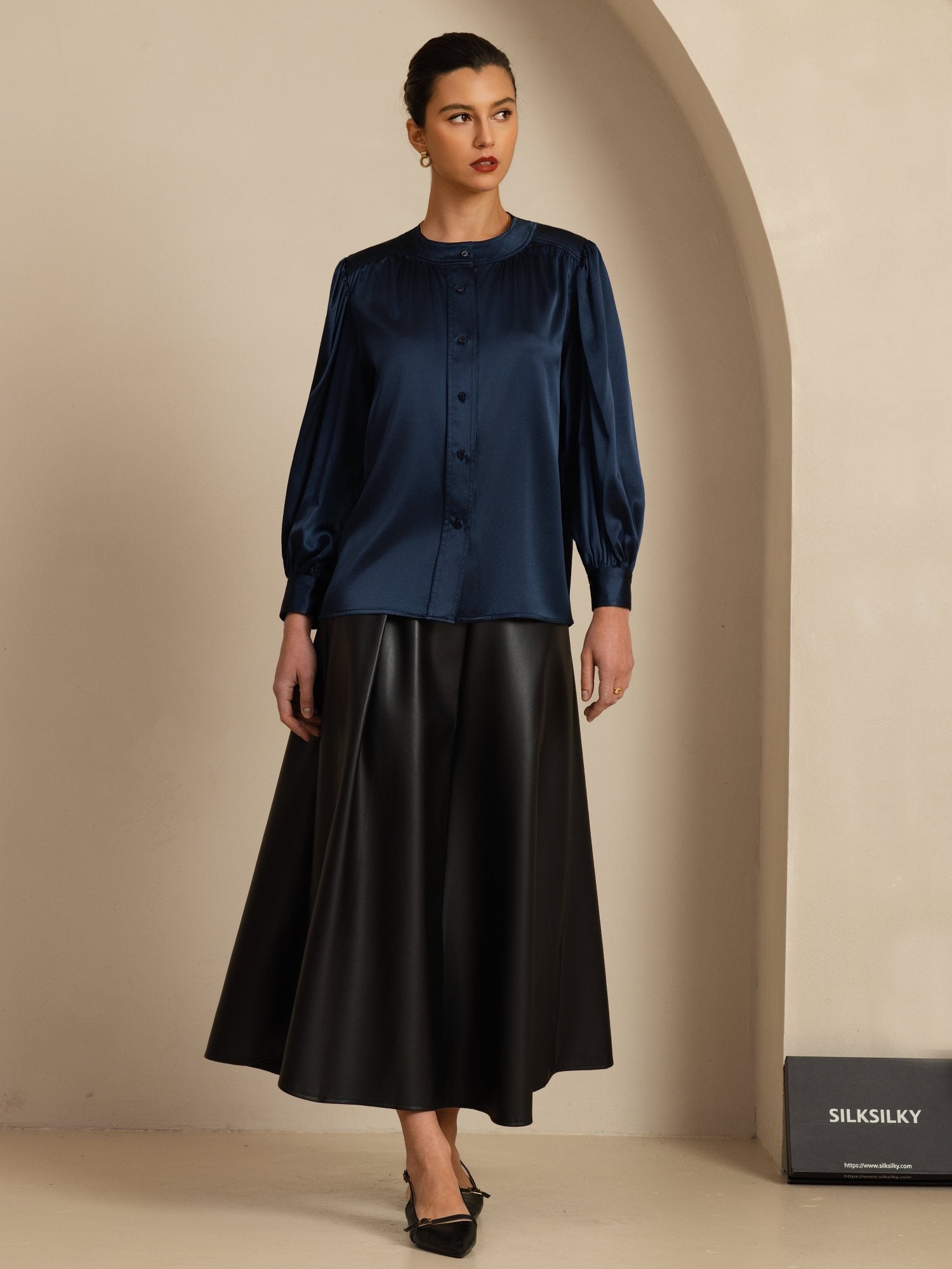 [Azul Oscuro] SilkSilky-ES 19Momme Long Sleeve Round Neck Blusa 008