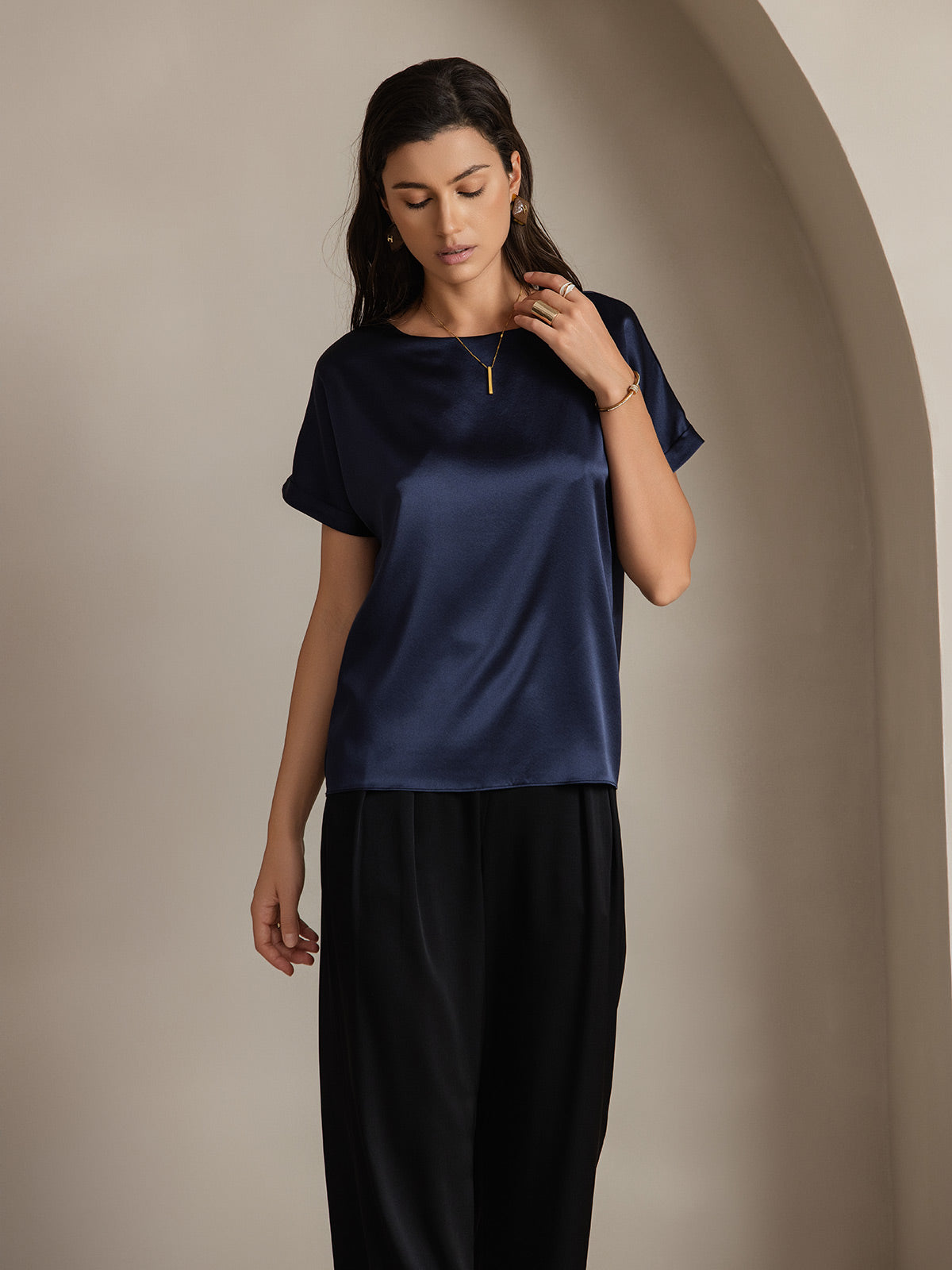 [Azul Oscuro] SilkSilky-ES 19Momme Manga corta Cuello Barco Camisetas de Mujer 003