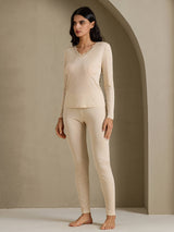 [Beige] SilkSilky-ES Long Sleeve V Neck Ropa Interior Larga Mujer 007