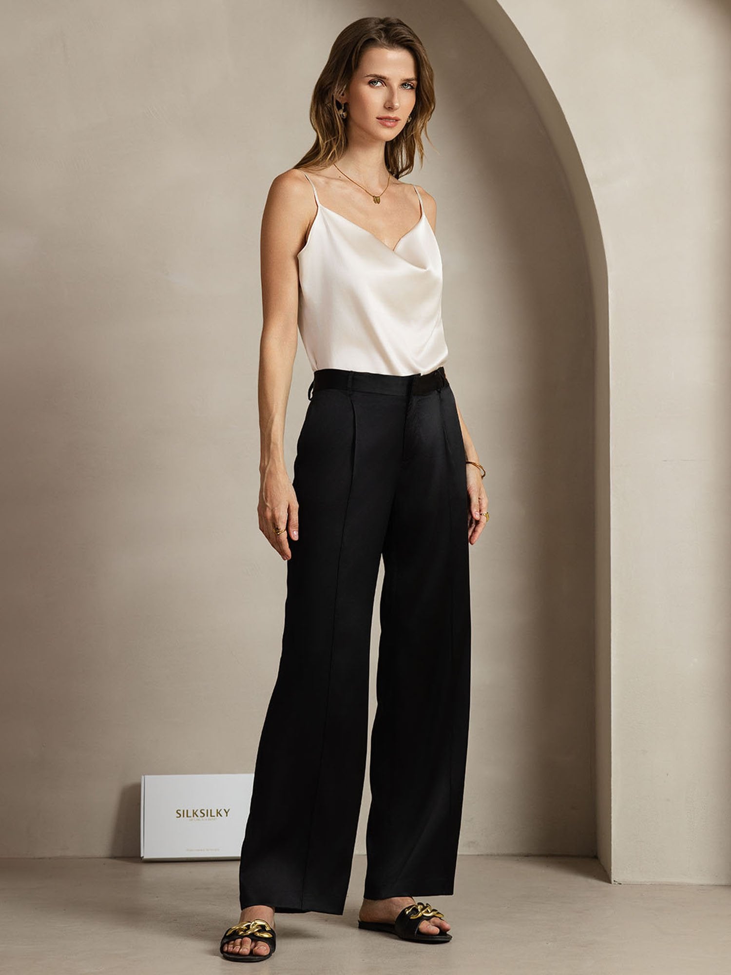 [Negro] SilkSilky-ES 19Momme Seda Womens Pants 005