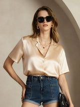 [Champán] SilkSilky-ES Short Sleeve Lapel Collar Blusas de Mujer 005