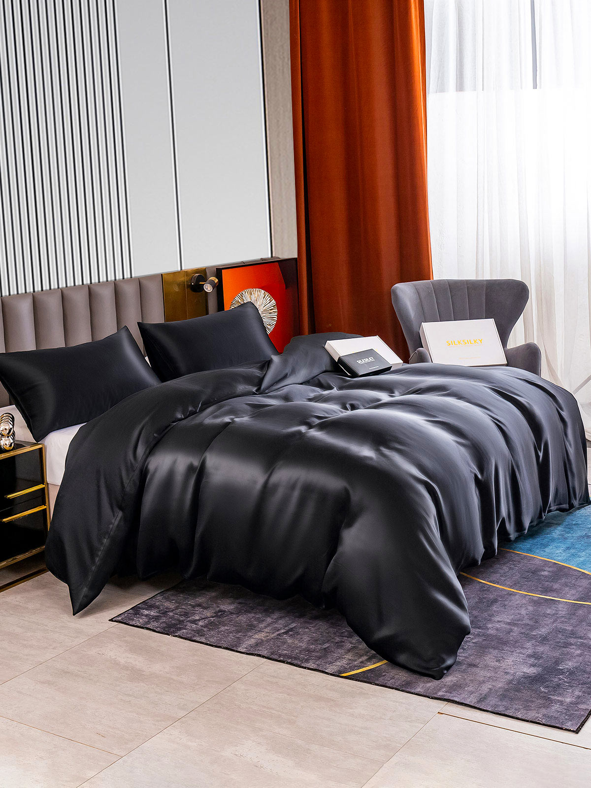 [Negro] SilkSilky-ES 22Momme Seda Pura Bedding Set 004