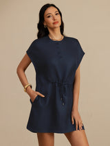 [Azul Oscuro] SilkSilky-ES 18Momme Manga Casquillo Cuello Henley Vestido 003