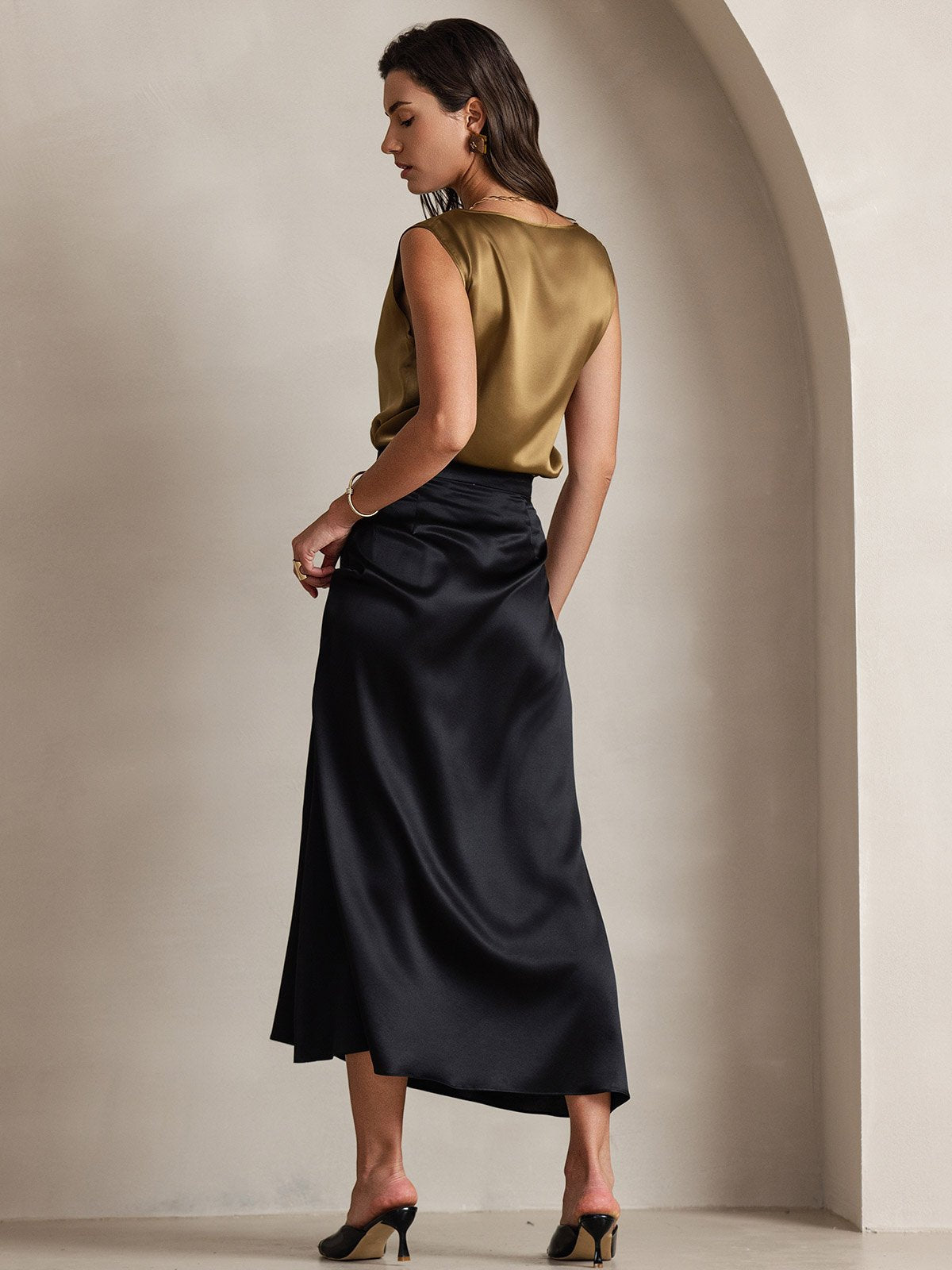 [Negro] SilkSilky-ES 19Momme Seda Skirt 002