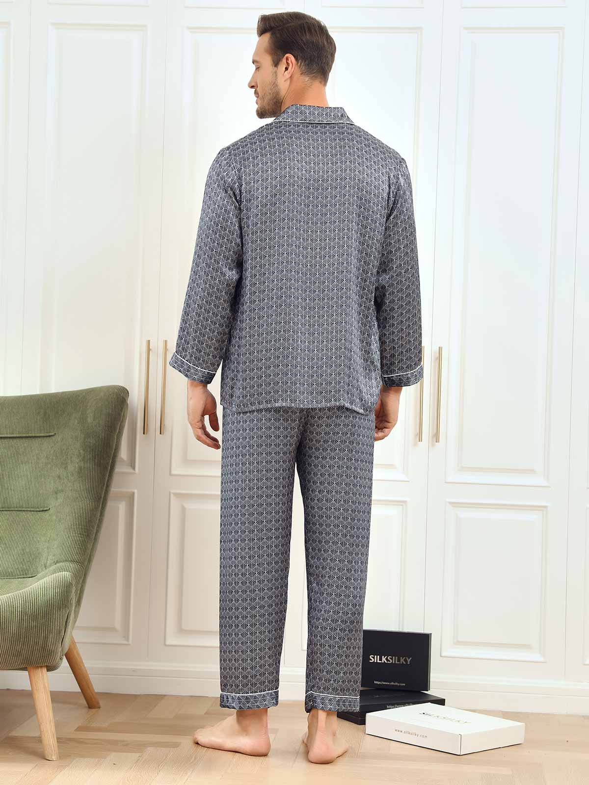 [Ginkgo Azul Marino] SilkSilky-ES 19Momme Seda Pura Mens Pajamas 002